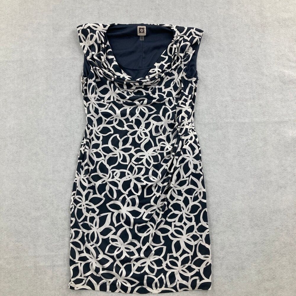 Anne Klein Women's Size 12 Navy Blue White Floral Cowl Neck Sheath Dress